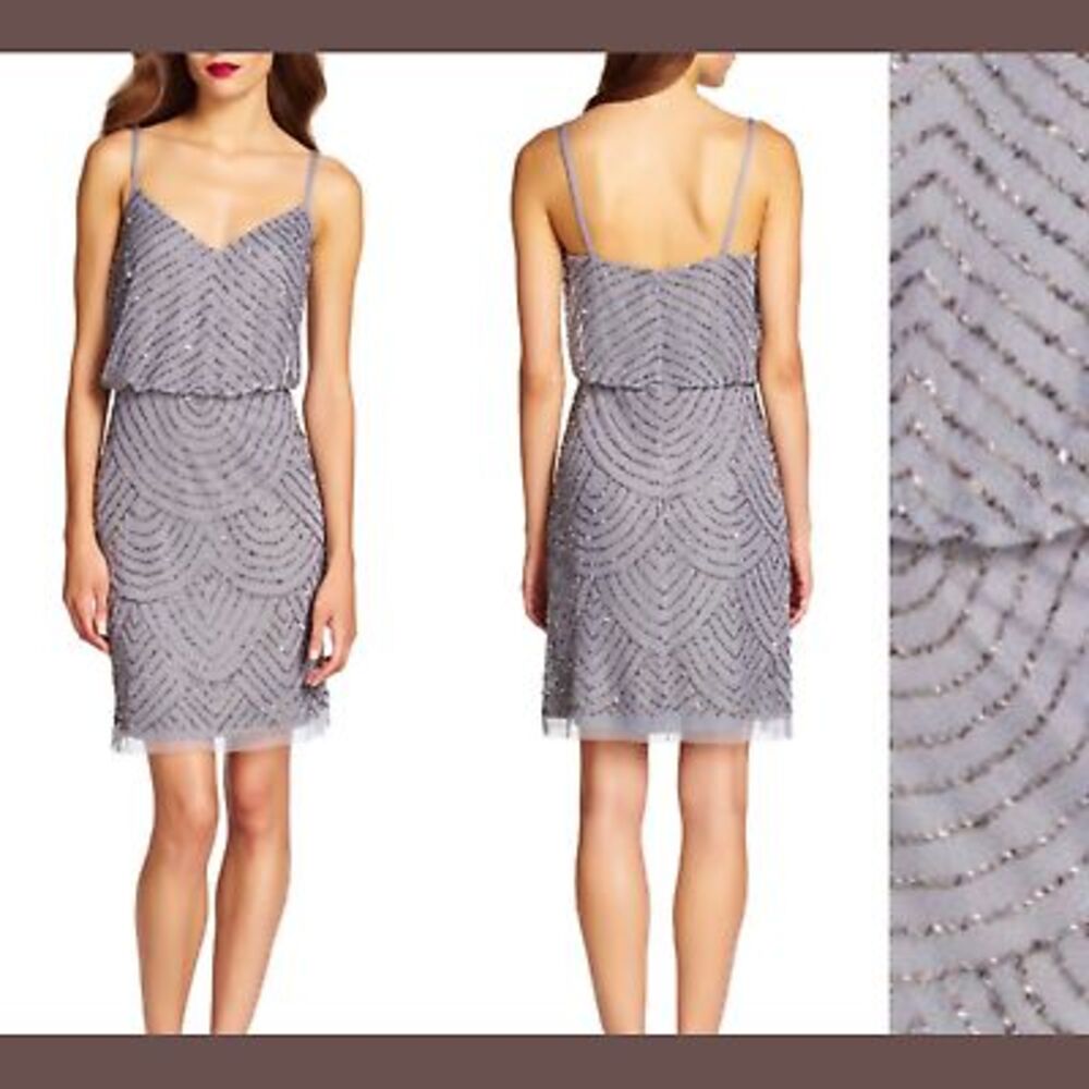NWT Adrianna‎ Papell Sequin Mesh Blouson Dress Grey/ Silver [ SZ 12 ] #e789